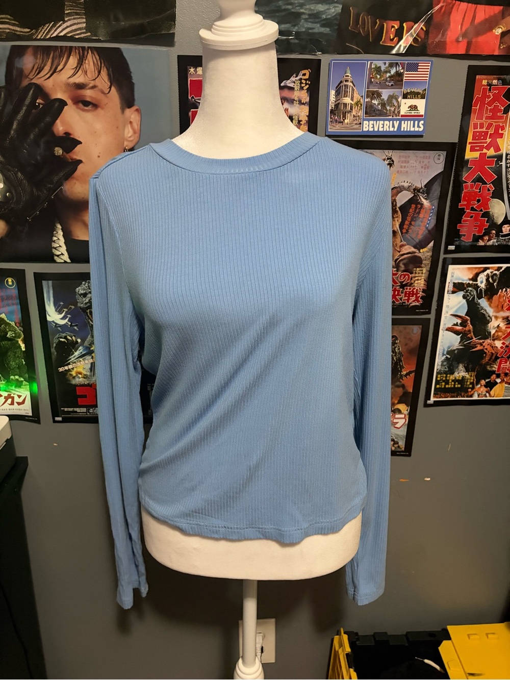 Women's Light Blue Ribbed Long-Sleeve Crewneck Top